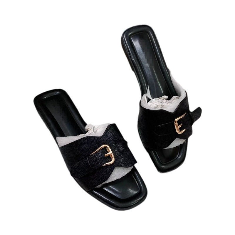 Mules femme avec boucle métallique Sandales plates à enfiler Été Plage