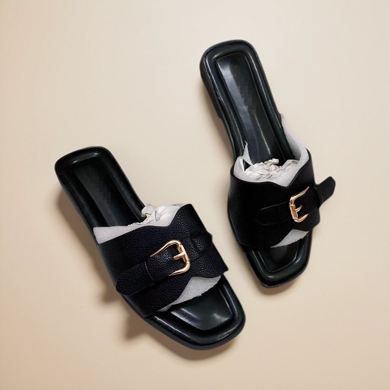 Mules femme avec boucle métallique Sandales plates à enfiler Été Plage