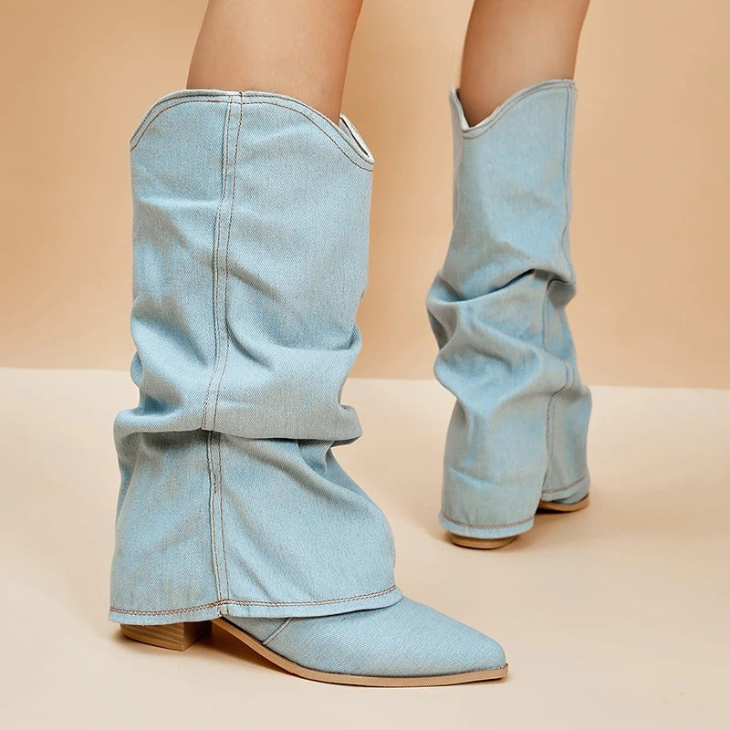 Bottes hautes à talon bloc confortables pour femmes – Détail plissé, design à bout pointu