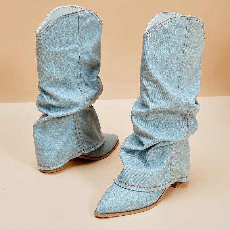 Bottes hautes à talon bloc confortables pour femmes – Détail plissé, design à bout pointu