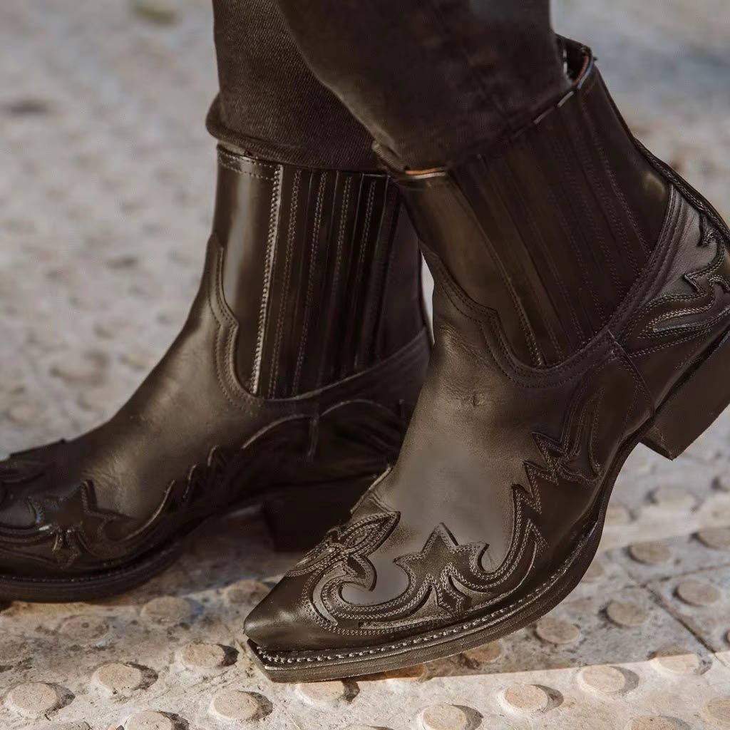 Bottes western cowboy à la cheville brodées, bout pointu en cuir, bottes unisexes