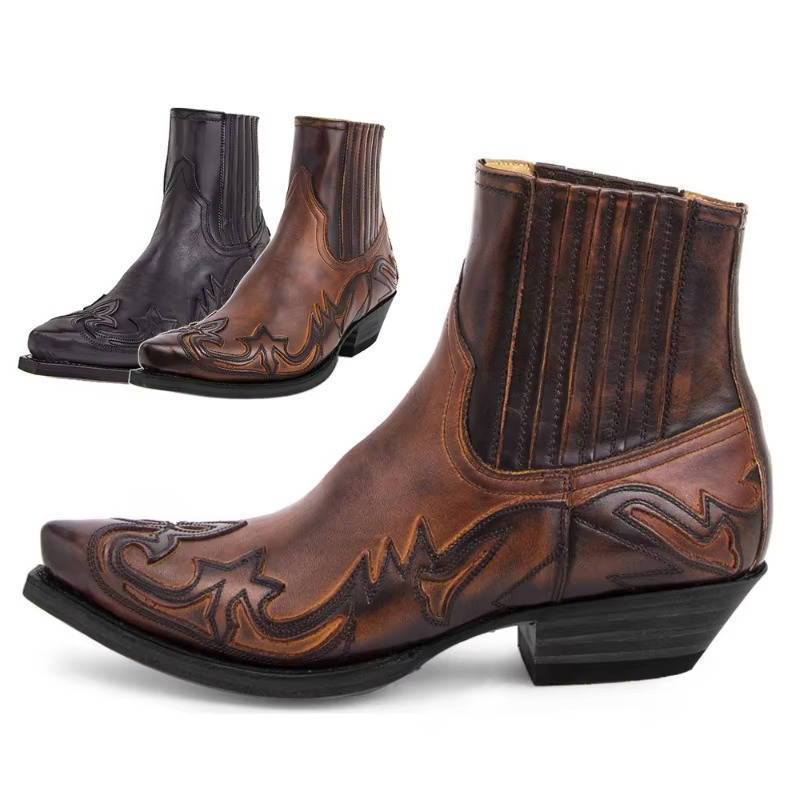 Bottes western cowboy à la cheville brodées, bout pointu en cuir, bottes unisexes