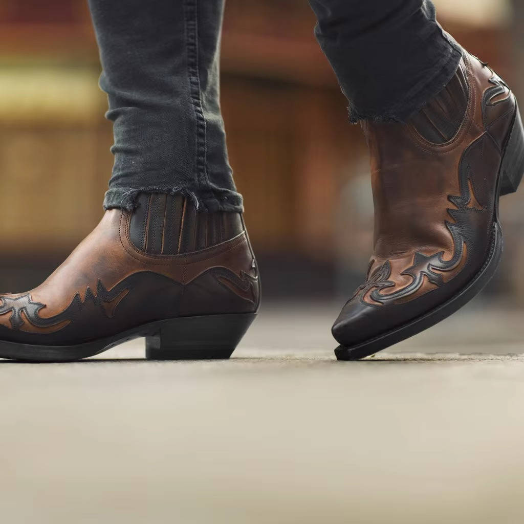 Západní kovbojské kotníkové boty s vyšívanou špičkou z kůže unisex