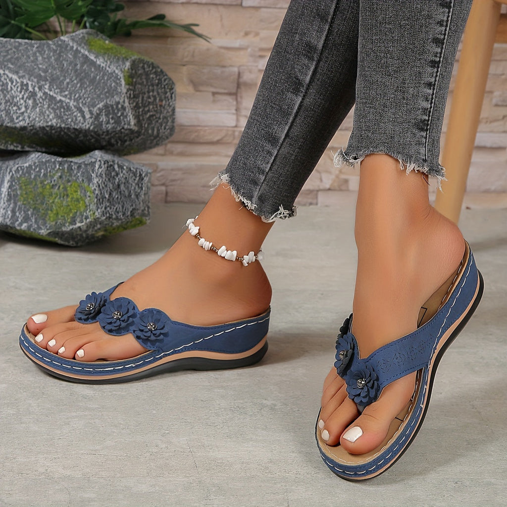 Orthopedic Synthetic Leather Wedge Sandals with Floral Appliques