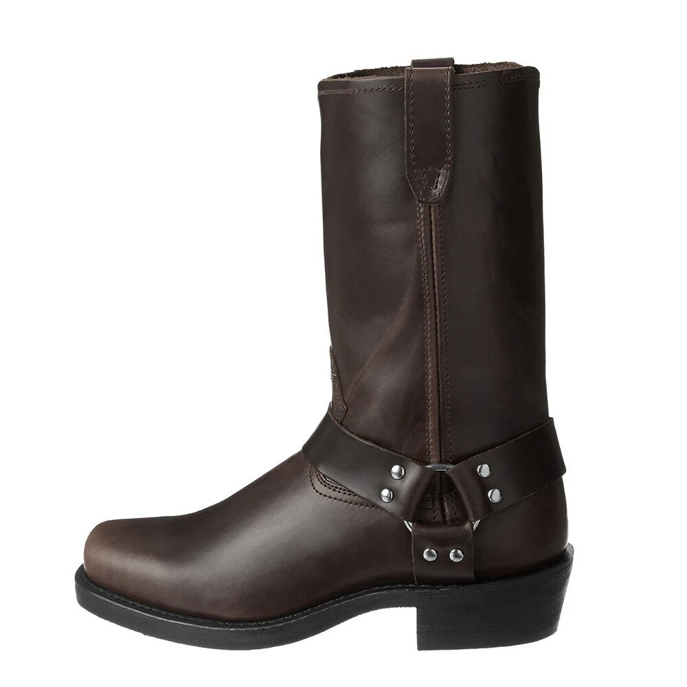 Botas vaqueras de cuero impermeables para hombre – Comodidad duradera, detalle de correa con hebilla