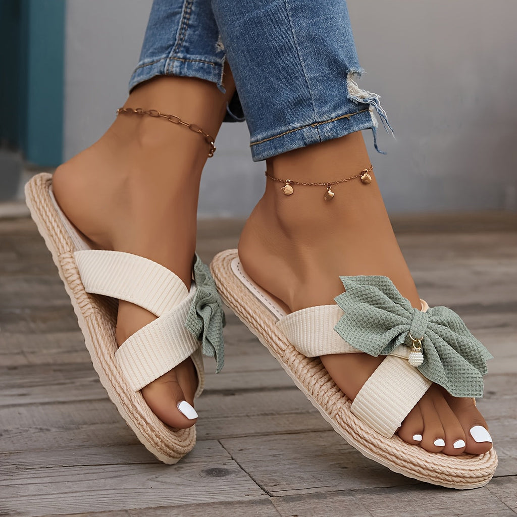 Women's Slide Sandals Braided Rope Footbed and Bow Detail