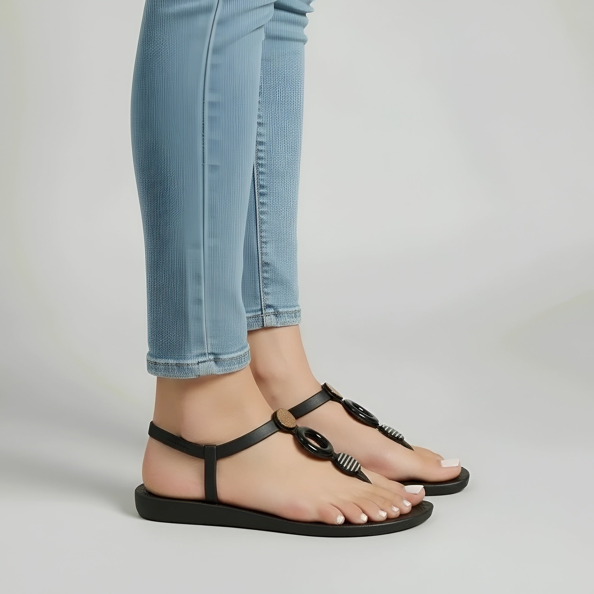 Sandales plates pour femmes avec bride de cheville et anneaux décoratifs circulaires