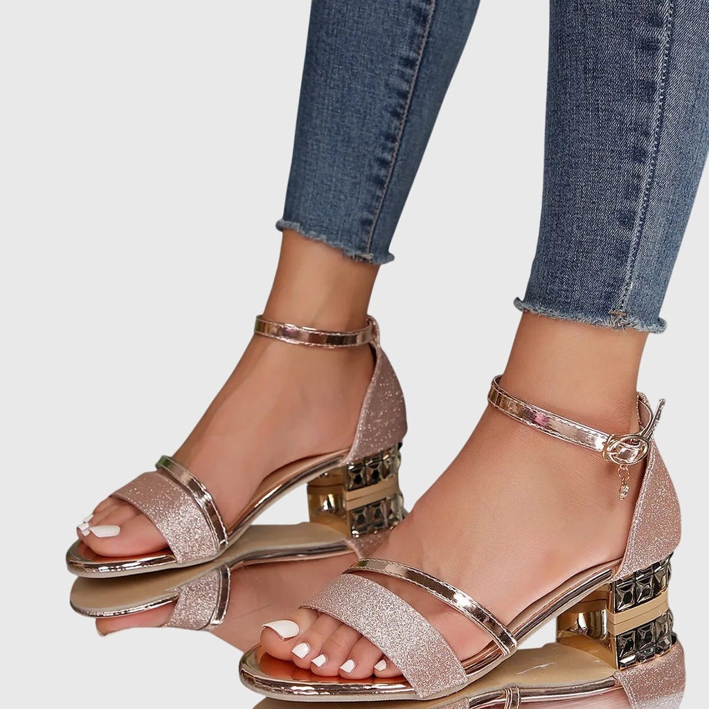 Sandales à talon bloc pour femmes avec bride à la cheville, chaussures de soirée pailletées à bout carré