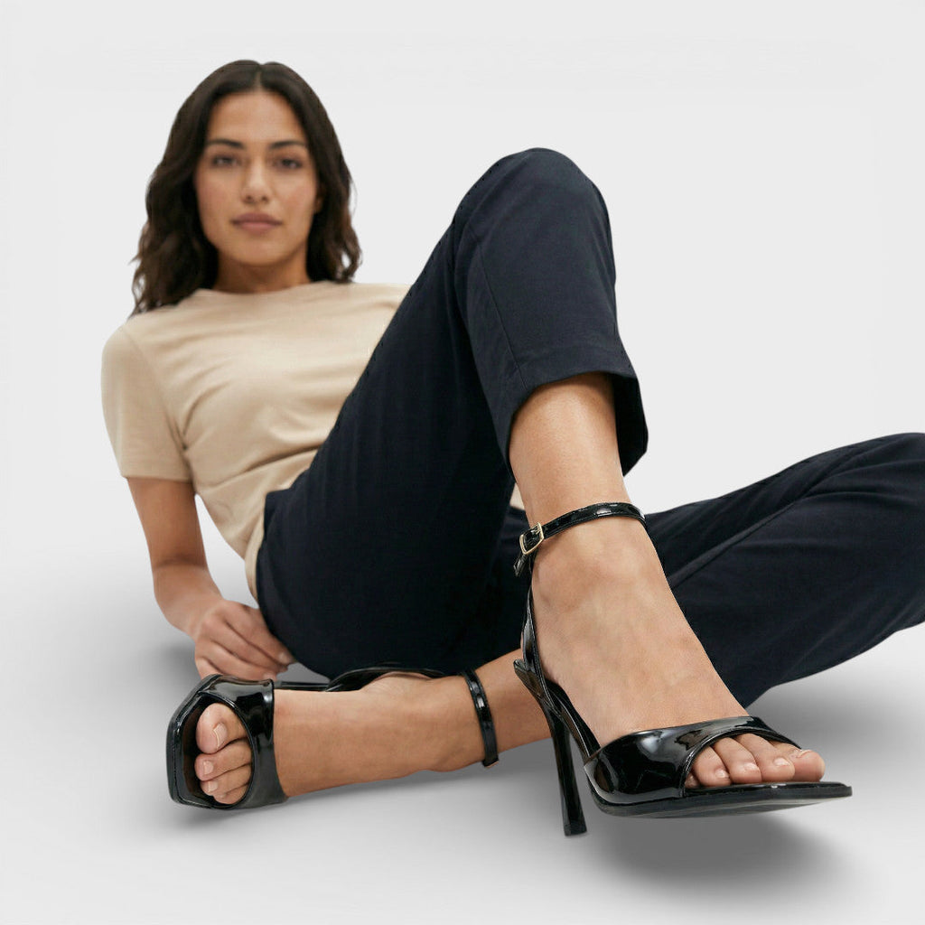 Sandalias de tacón alto con punta cuadrada y correa en el tobillo para mujer, ideales para oficina y vestido de fiesta