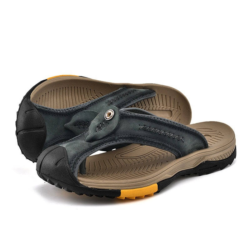 Sandales pour hommes à bout fermé, tongs en cuir résistantes à l'eau, semelle en caoutchouc antidérapante
