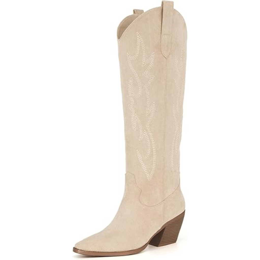 Stivali western da donna comodi al ginocchio – supporto con tacco largo, calzata slip-on
