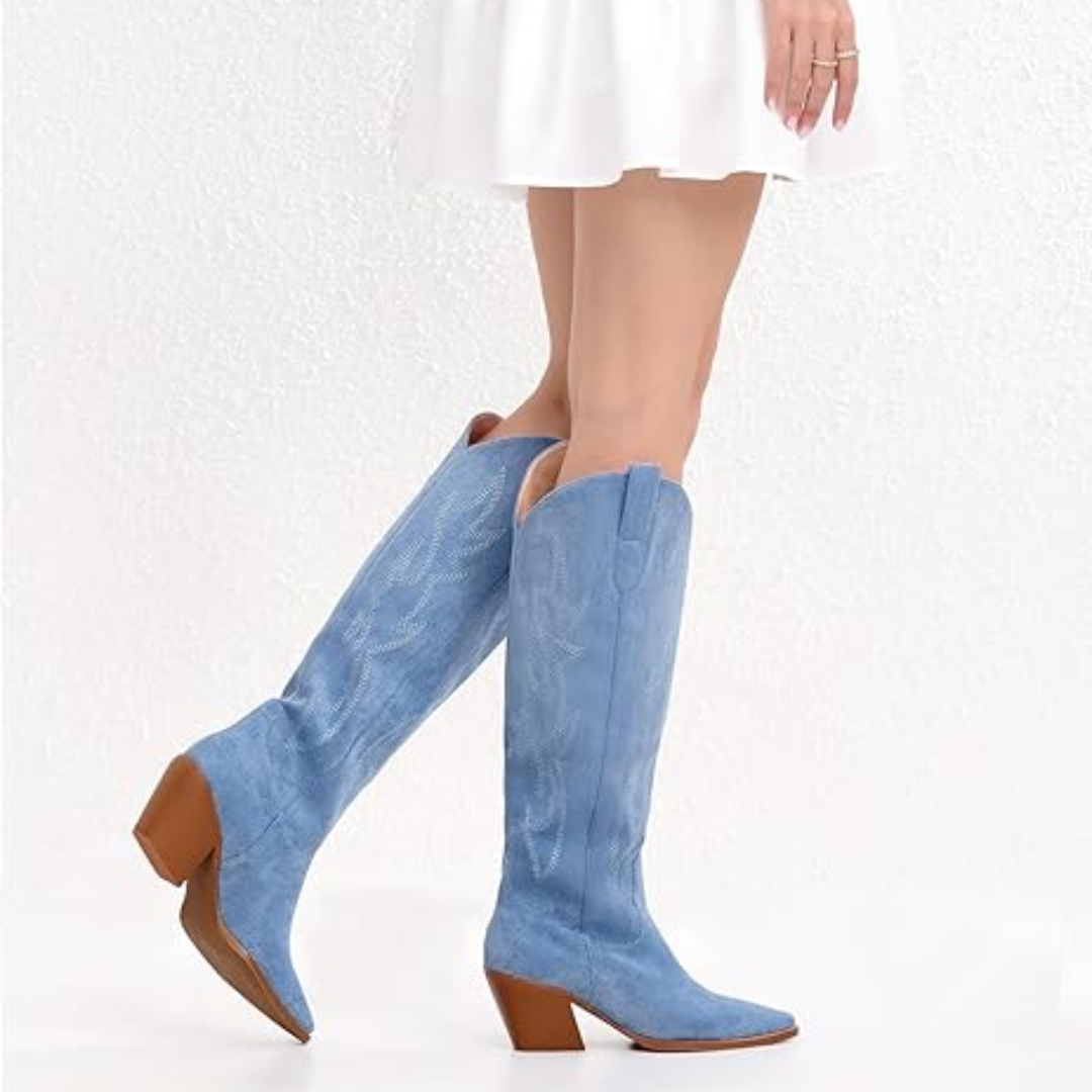 Stivali western da donna comodi al ginocchio – supporto con tacco largo, calzata slip-on