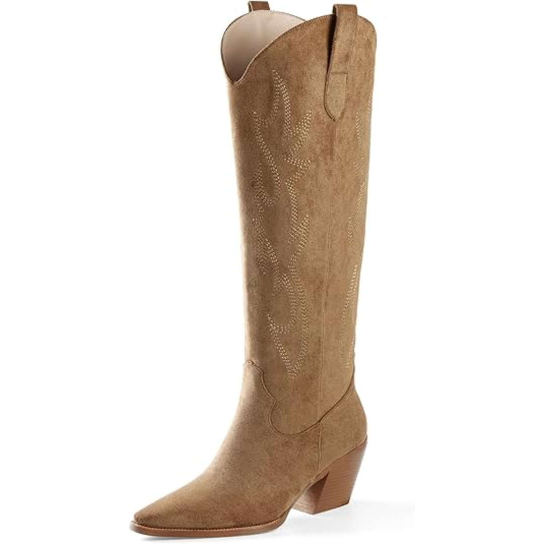 Bottes western confortables pour femmes jusqu’au genou – maintien par talon carré, enfilage facile