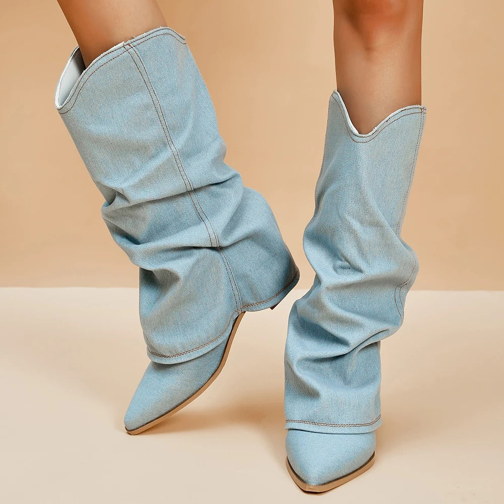 Bottes hautes à talon bloc confortables pour femmes – Détail plissé, design à bout pointu