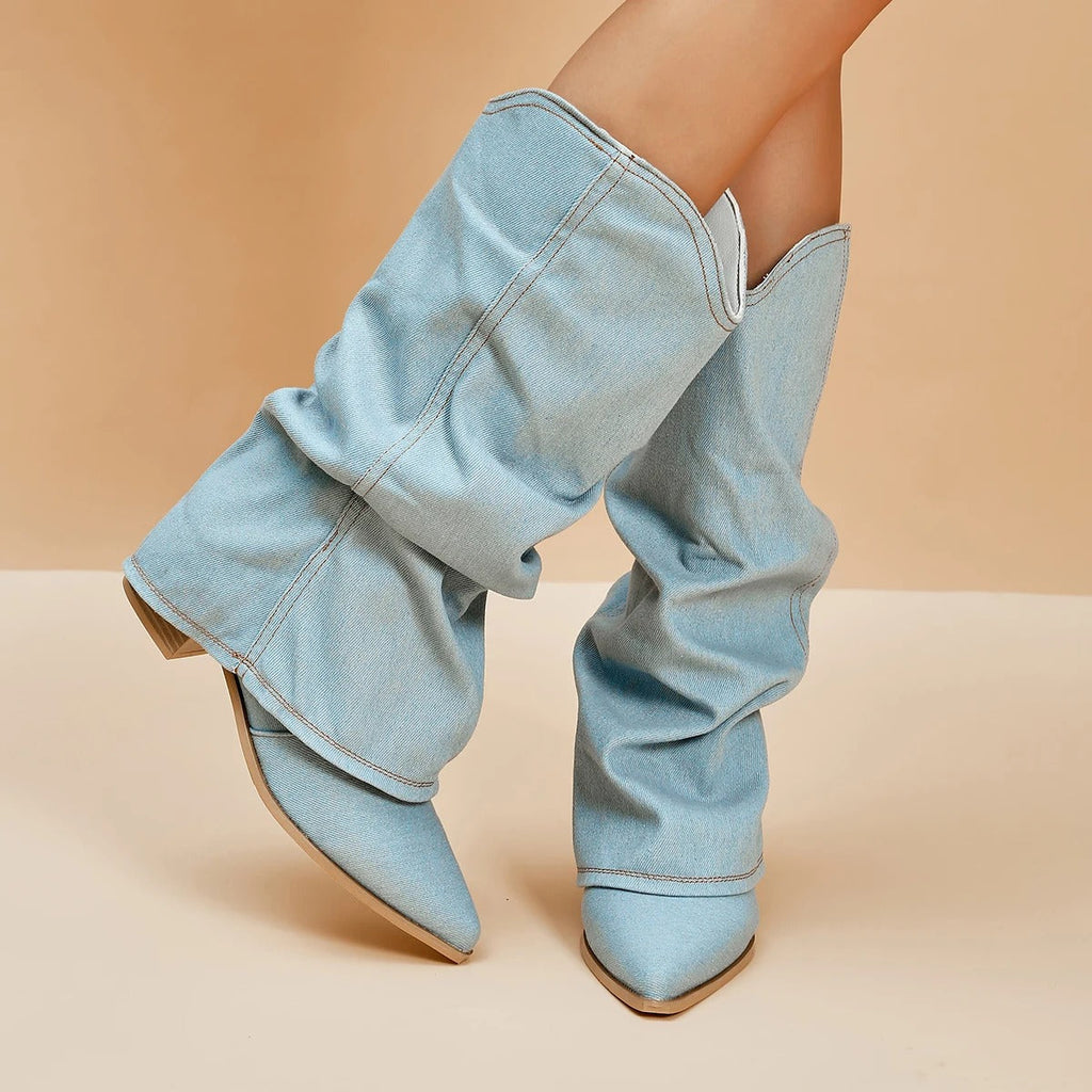Bottes hautes à talon bloc confortables pour femmes – Détail plissé, design à bout pointu