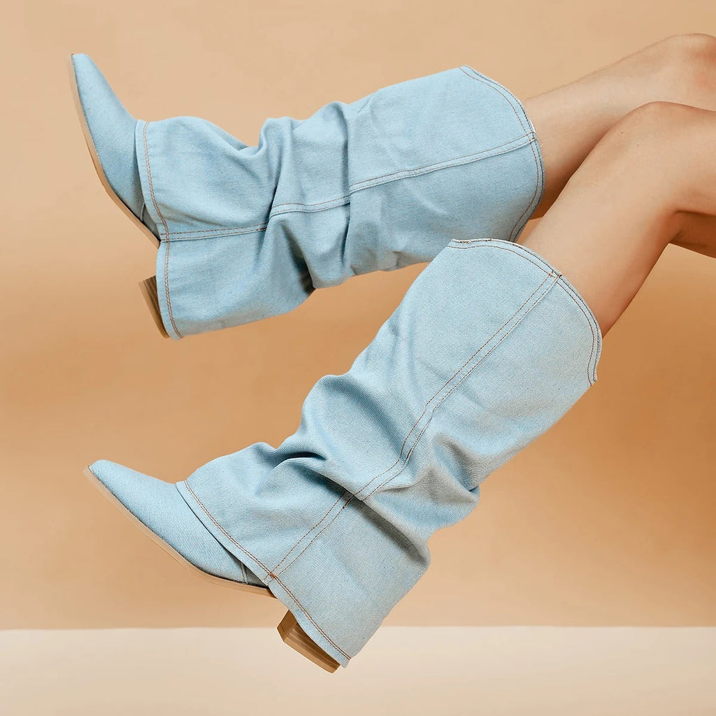 Bottes hautes à talon bloc confortables pour femmes – Détail plissé, design à bout pointu