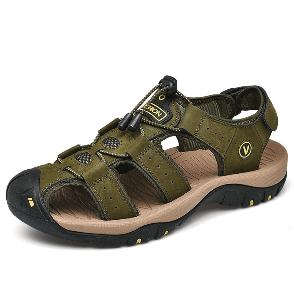 Men's Genuine Leather Sandals Outdoor Roman Beach Shoes with Closed Toe Protection