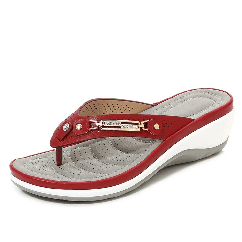 Women's Genuine Cow Leather Wedge Flip Flops with Metal Button Platform Sandals