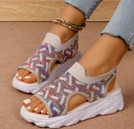 Dame ortopædiske åbne tå strikkede plateau sandaler åndbare slip-on gåsko