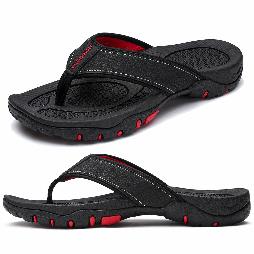 Ortopædiske herre atletiske flip-flops i PU-læder med støtte til svangen
