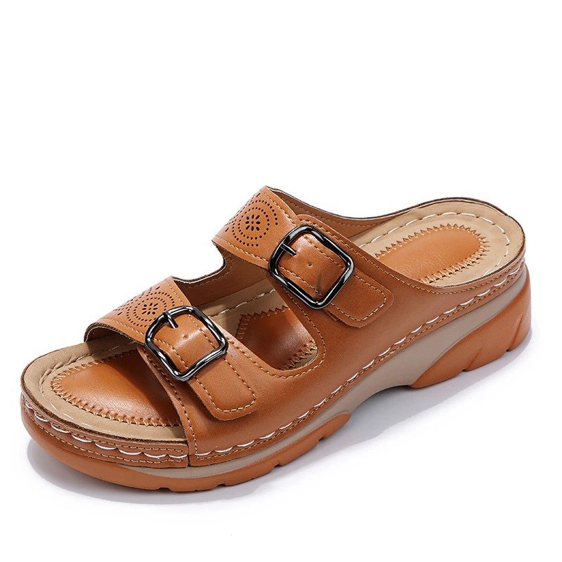 Sandalias ortopédicas para mujer con tiras perforadas, punta abierta y hebillas