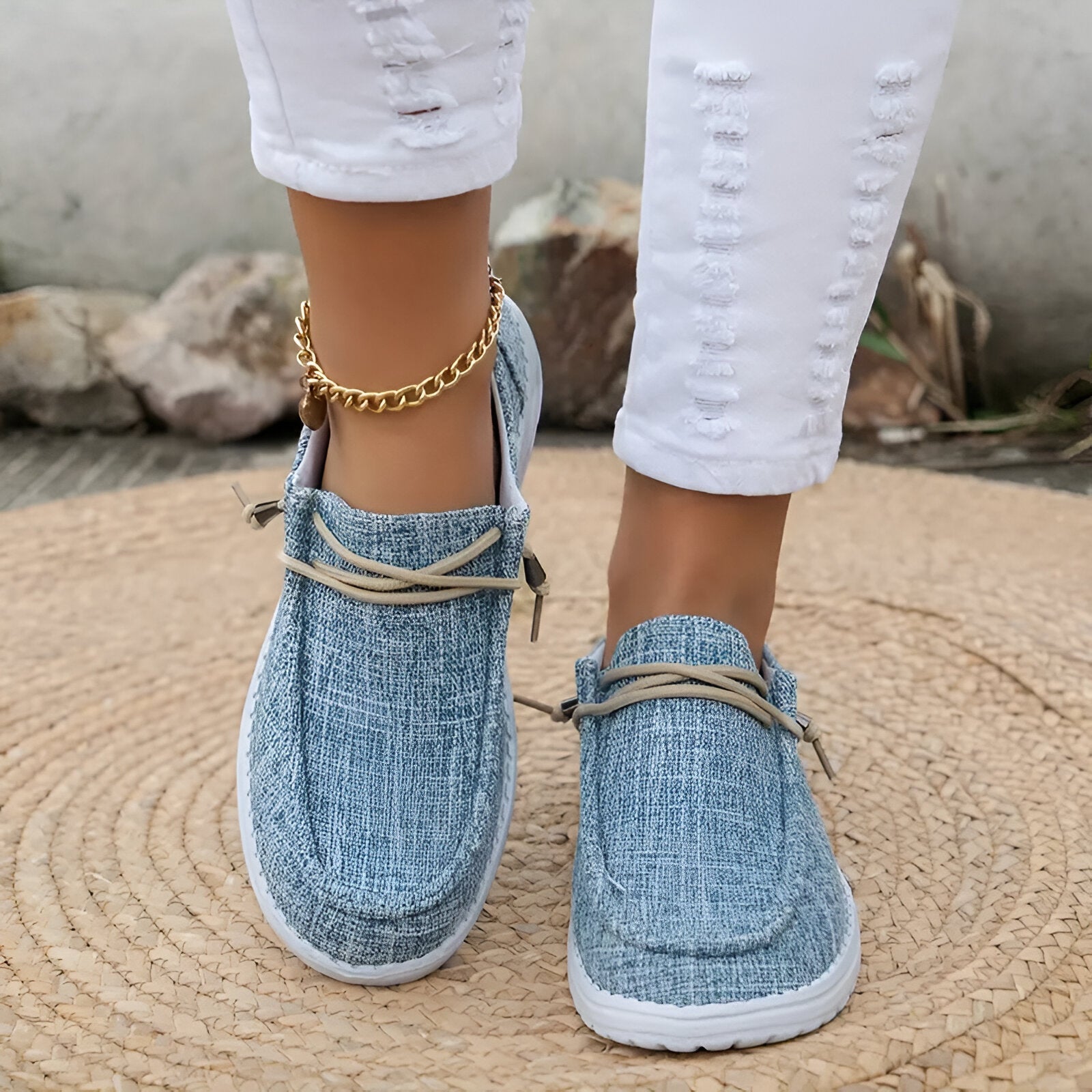 Mocassins en toile pour femmes à enfiler avec lacets élastiques et semelle légère