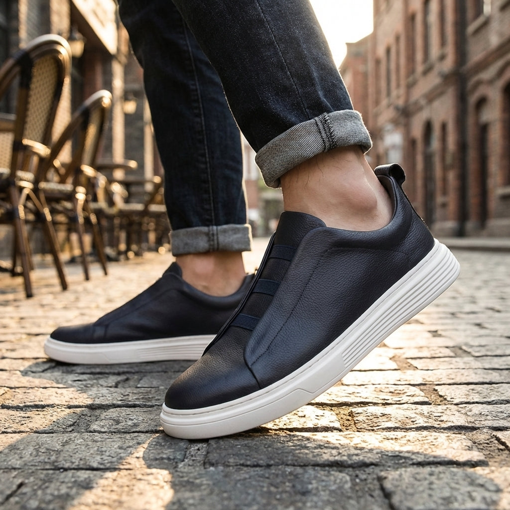 Sneaker da uomo comode in pelle italiana – lacci elasticizzati, suola esterna in gomma