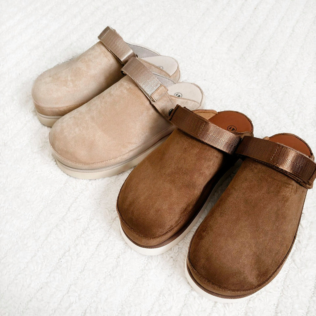Mules compensées en daim pour femmes avec semelle épaisse ergonomique et doublure en cachemire
