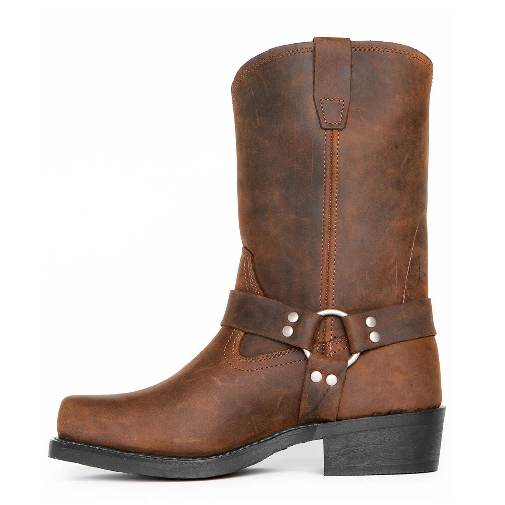 Men's Waterproof Leather Cowboy Boots – Durable Comfort, Buckle Strap Detail
