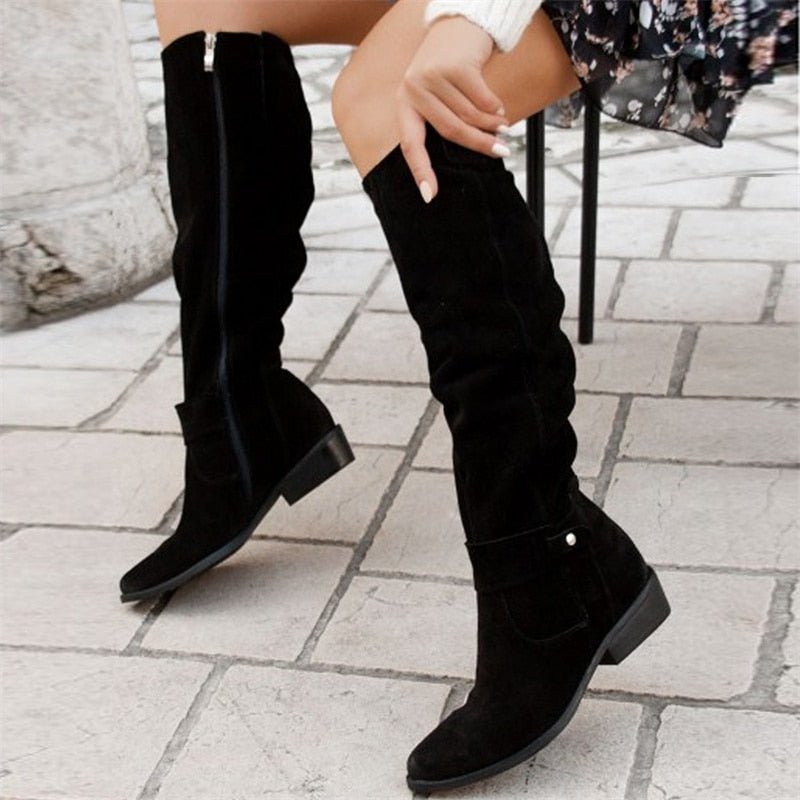 Botas altas hasta la rodilla para mujer sin cordones - silueta holgada, tacón ancho estable