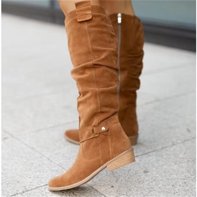 Botas altas hasta la rodilla para mujer sin cordones - silueta holgada, tacón ancho estable