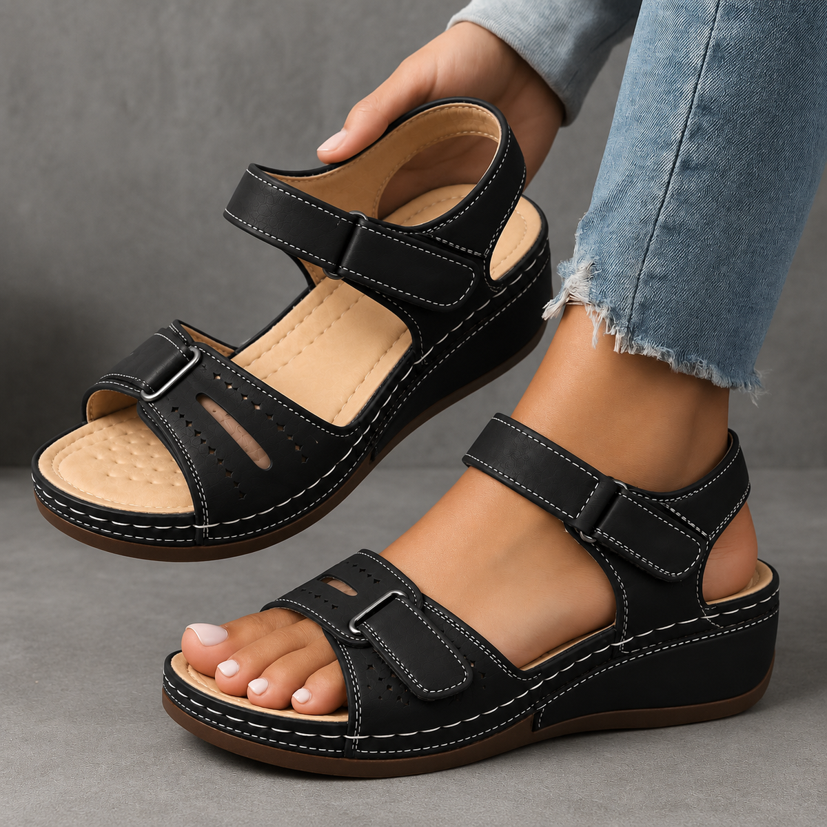 Women's Orthopedic Wedge Sandals Breathable Open Toe Adjustable Strap Walking Shoes