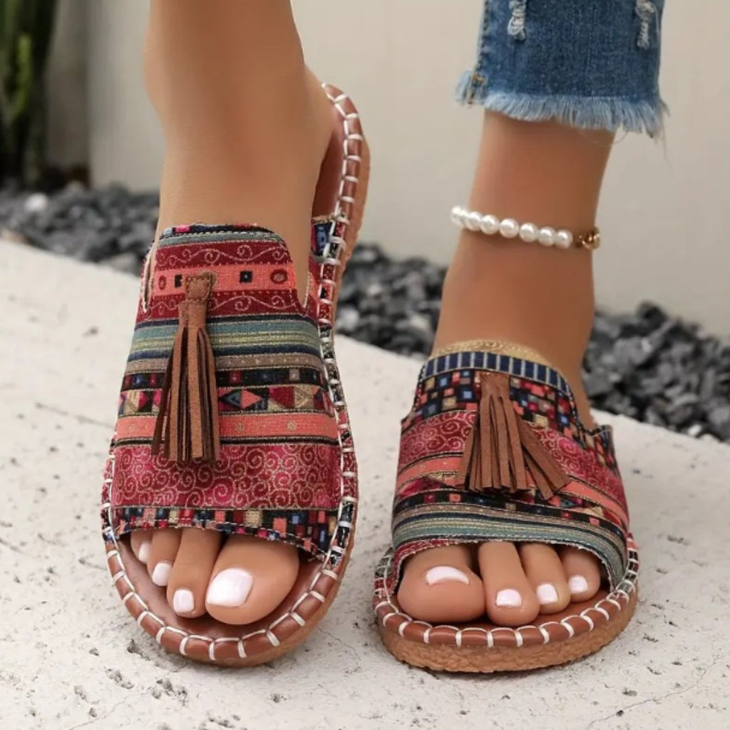 Damesandaler med flad hæl, boheme-stil, kvaster, slip-on mules