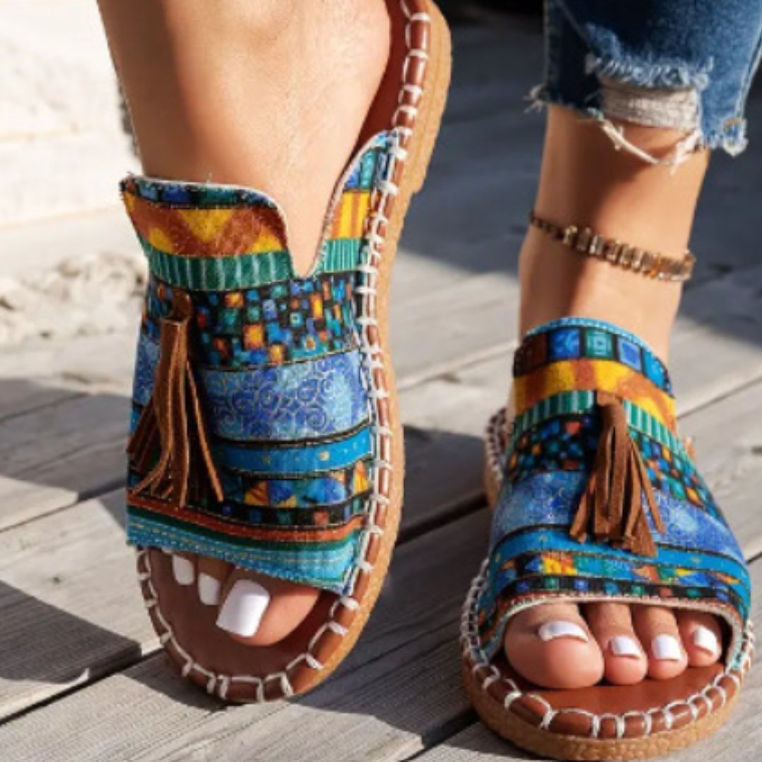 Damesandaler med flad hæl, boheme-stil, kvaster, slip-on mules