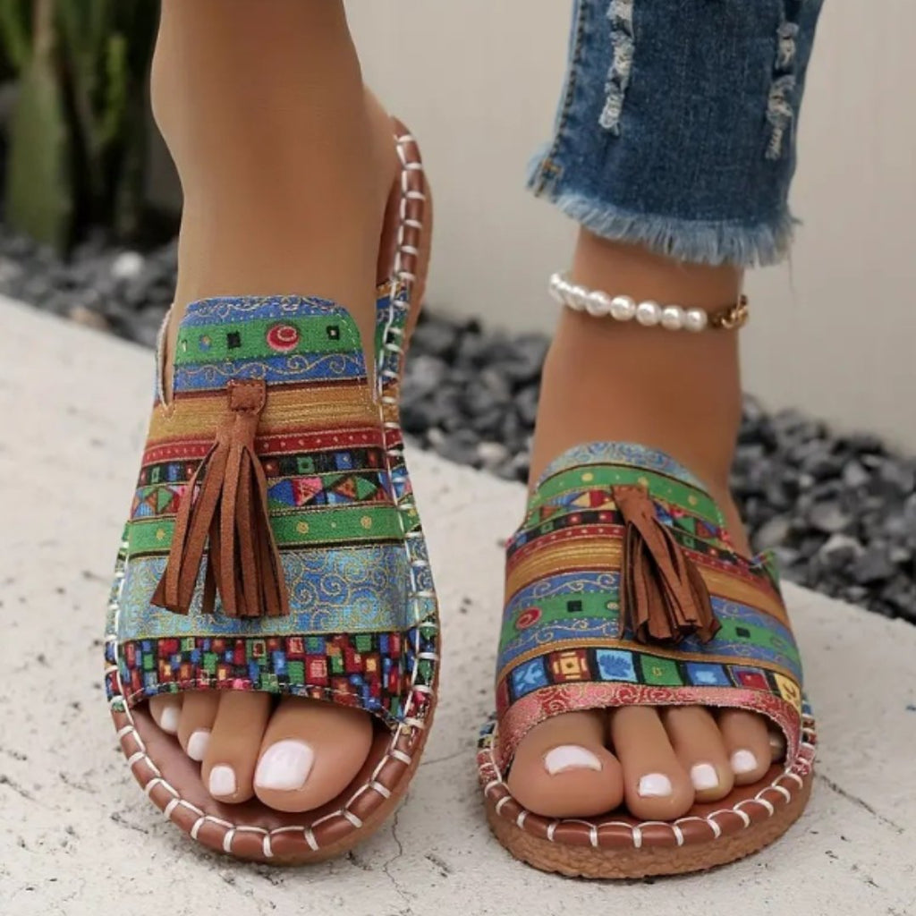 Damesandaler med flad hæl, boheme-stil, kvaster, slip-on mules